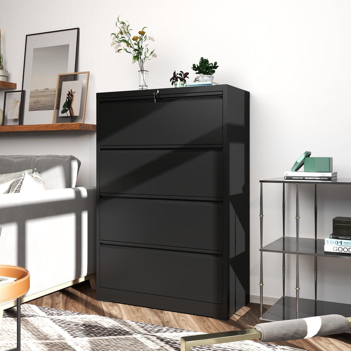 Black 4 Drawer Metal Lateral File Cabinet with Lock Y930956