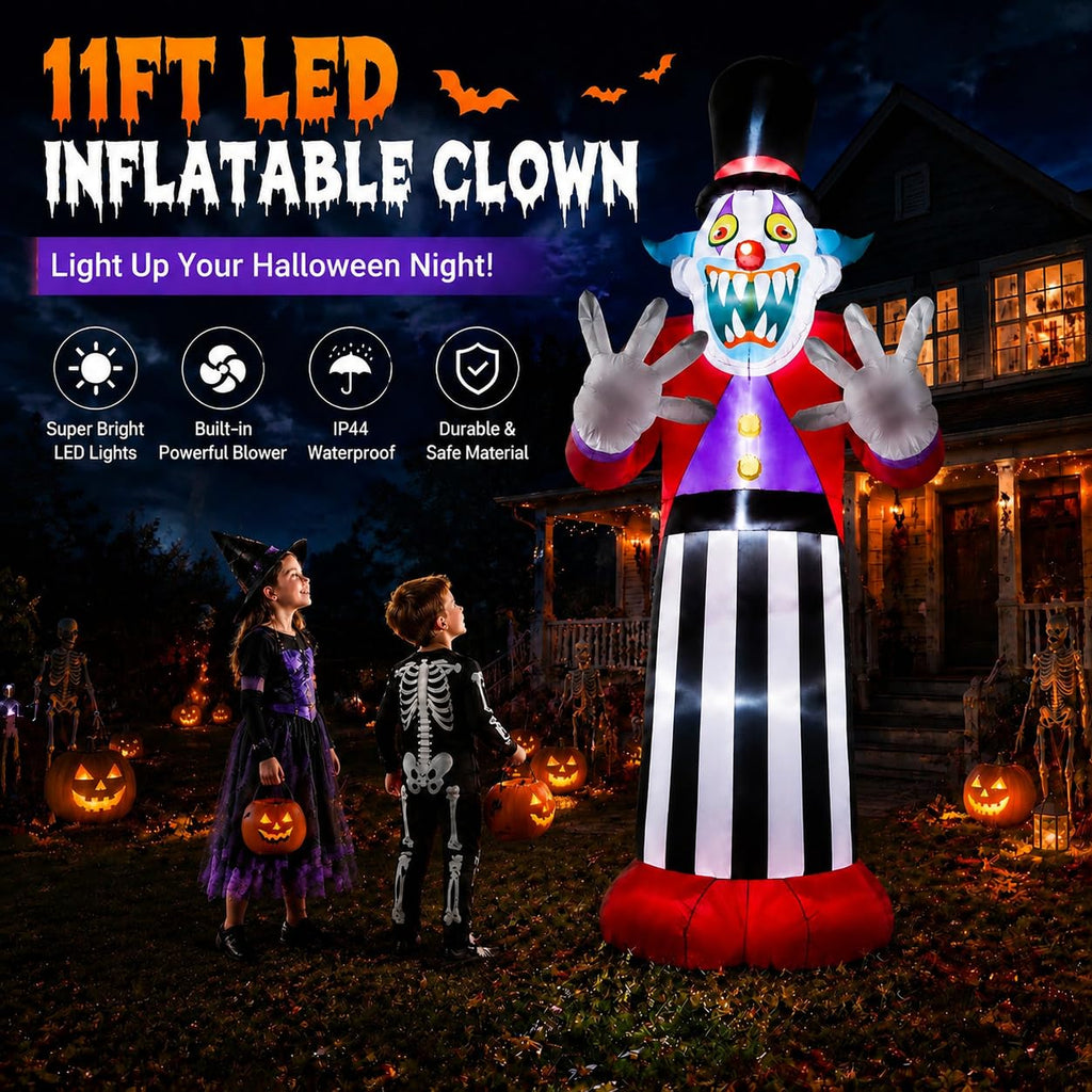 11FT Giant Halloween Inflatables Clown Ghost with LED Lights I7155