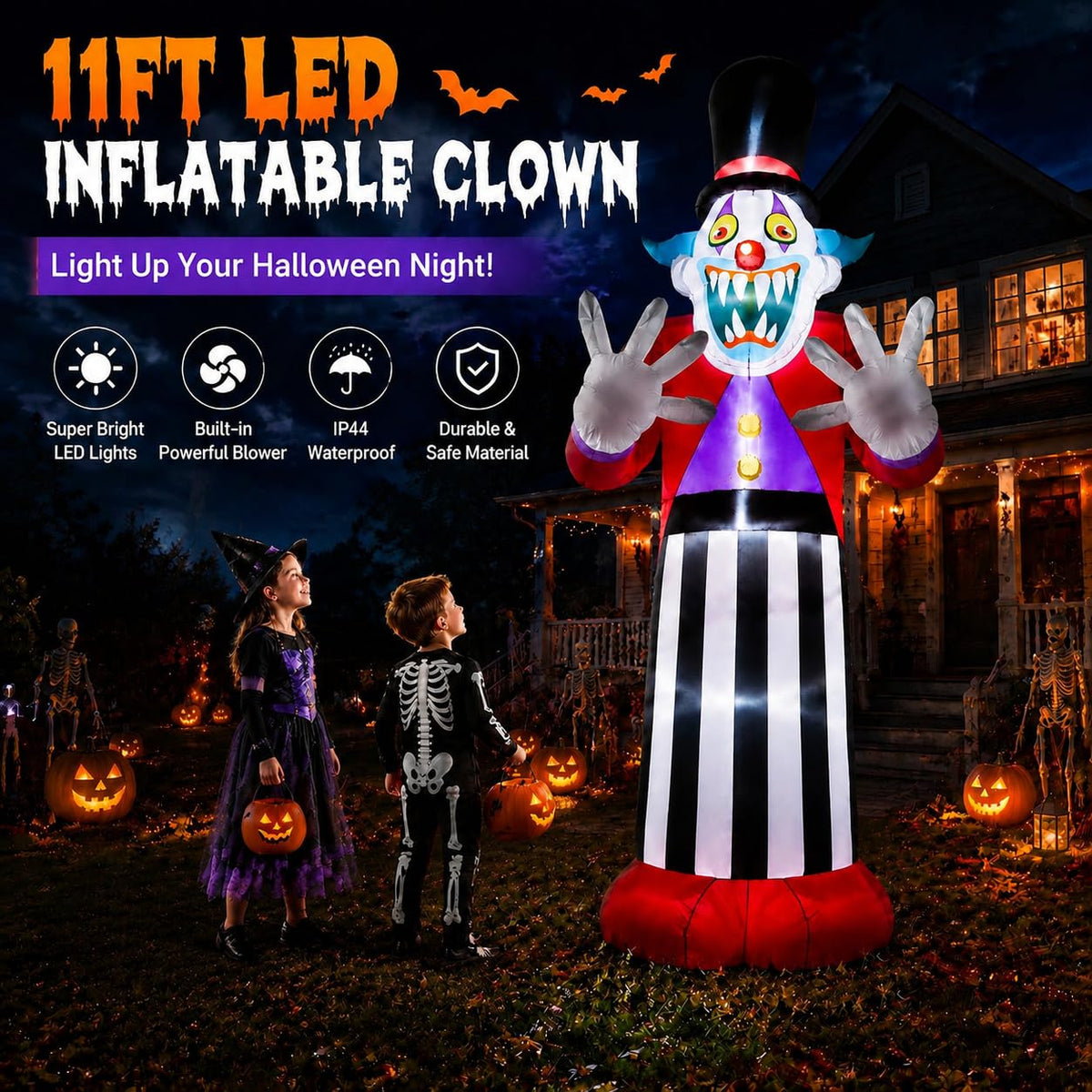 11FT Giant Halloween Inflatables Clown Ghost with LED Lights I7155