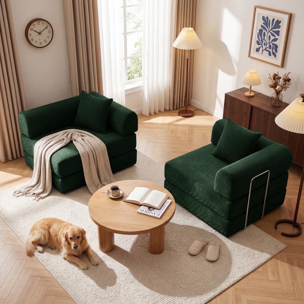 Green Corduroy Convertible Sofa Bed with 2 Pillows R19334