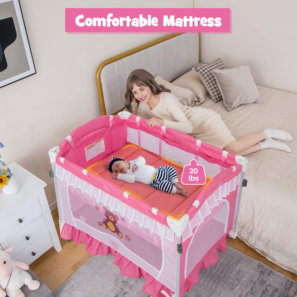 4 in 1 Pack and Play with Canopy, Portable Playard with Bassinet M92222