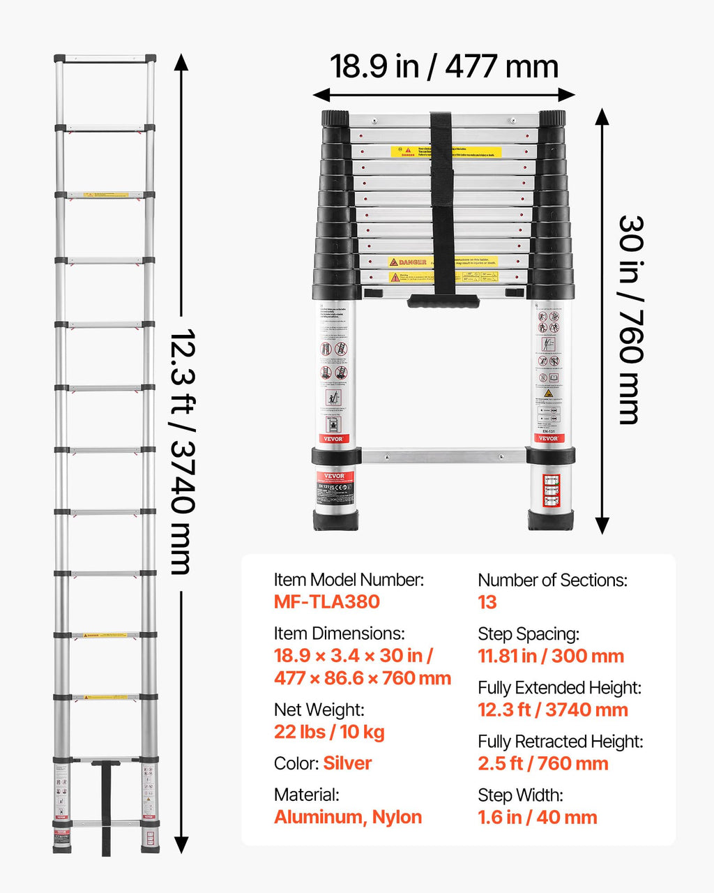 12.5ft Aluminum Telescoping Ladder 330LBS Q170077