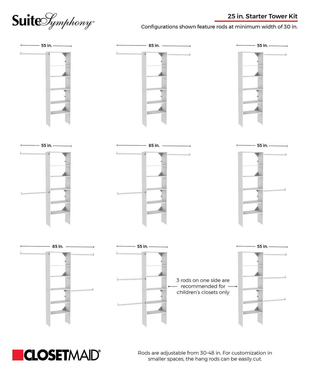 Wood Closet Organizer System with Tower and 3 Hang Rods and Shelving L9096