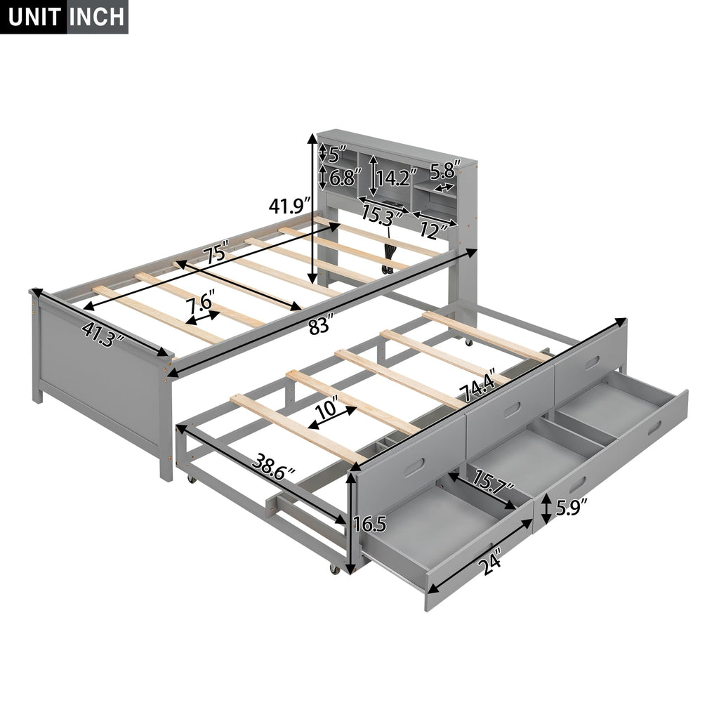 Twin Size Wood Platform Bed with Trundle and 3 Drawers D332550
