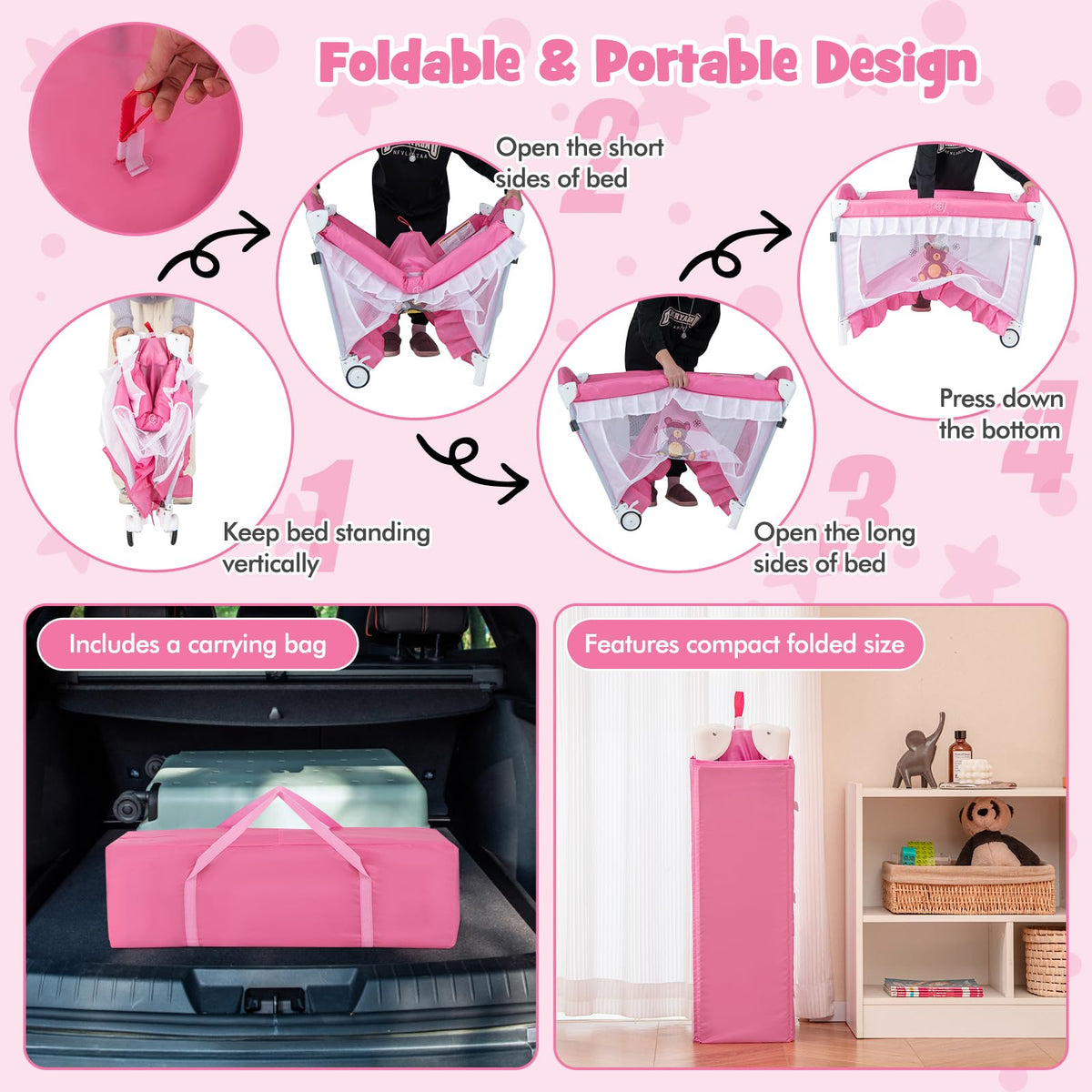 4 in 1 Pack and Play with Canopy, Portable Playard with Bassinet M92222