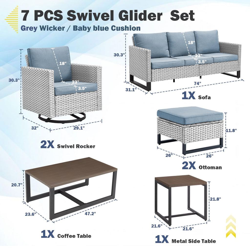 7 Piece Wicker Patio Sofa Set with Swivel Rocker Chairs and Ottomans H755