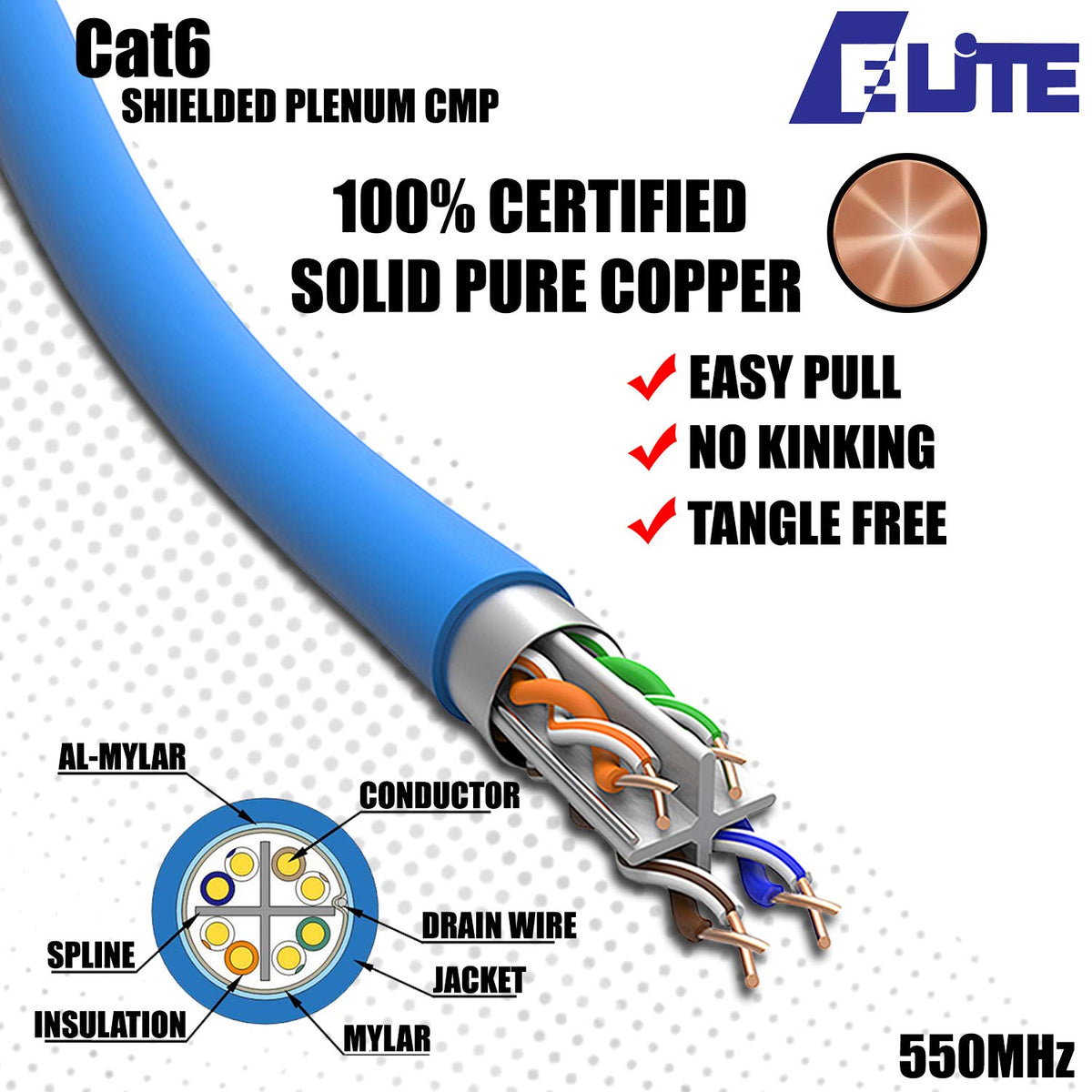 Cat6 Shielded Plenum 1000ft Solid Pure Copper Ethernet Cable Blue O1649