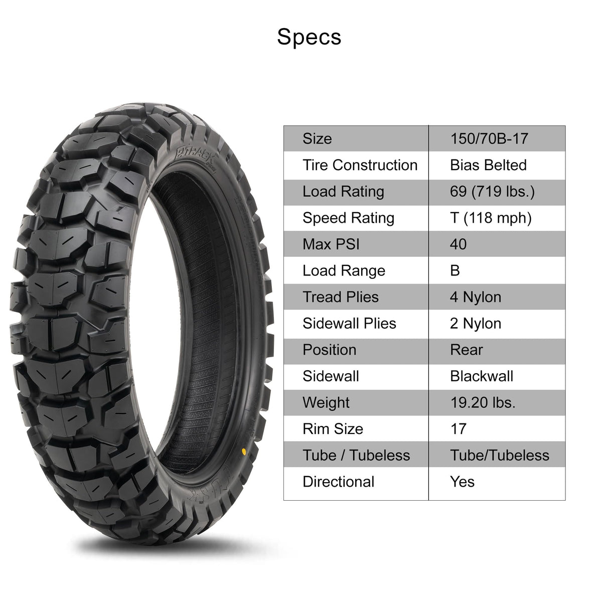 150/70B-17 Adventure Motorcycle Tire G110257