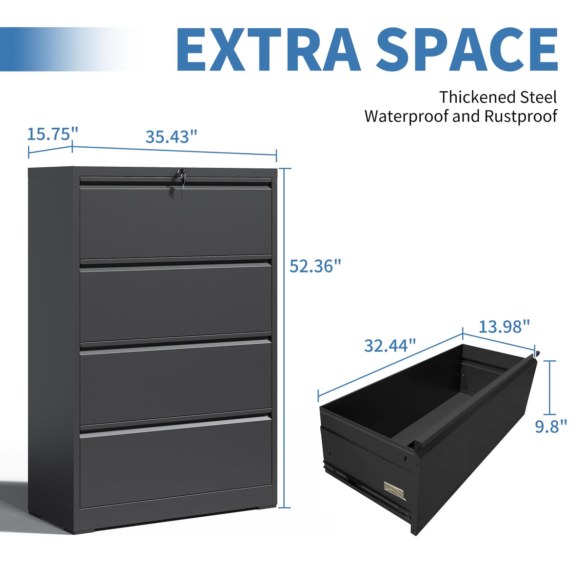 Black 4 Drawer Metal Lateral File Cabinet with Lock Y930956