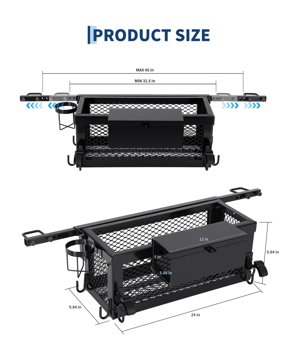 Heavy Duty Tractor Tool Box, 24x10x10 Inch Lockable Basket Attachment with Hooks and Ratchet Strap E6618