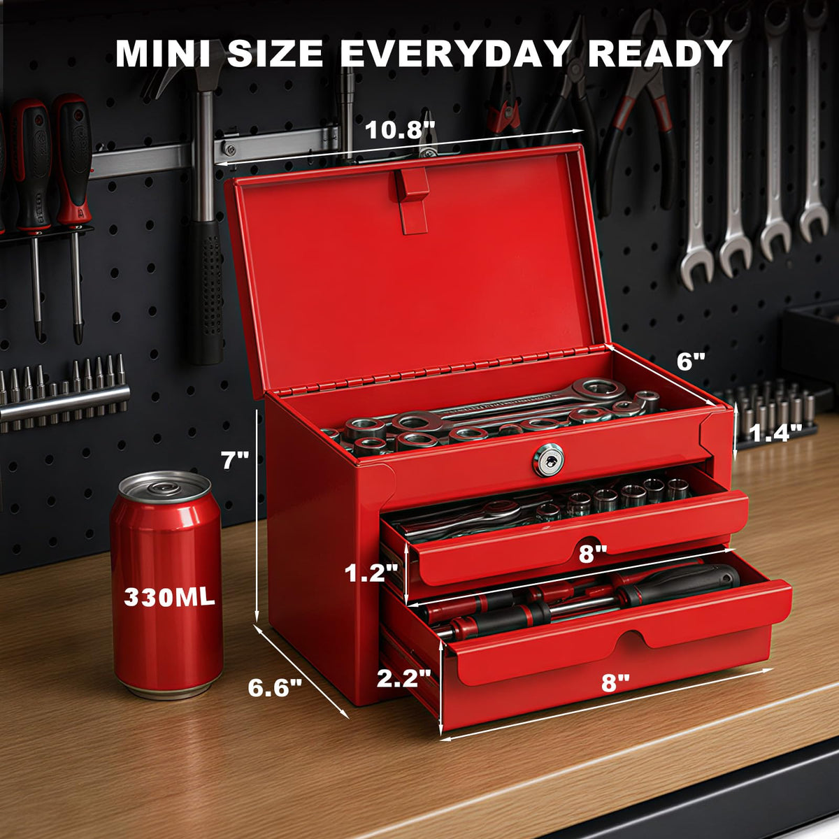 Mini Tool Box with Two Drawers and Lockable Top Storage, Red B806