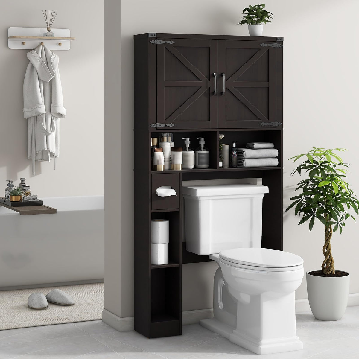 Over The Toilet Storage Cabinet with 2 Barn Doors, Walnut M29690