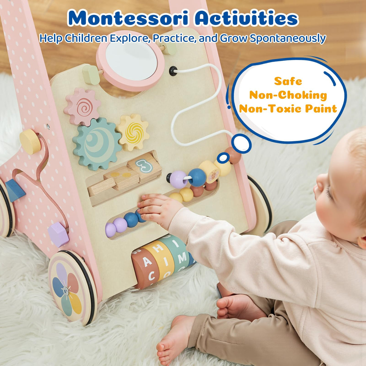 Pink Wooden Baby Walker H3009