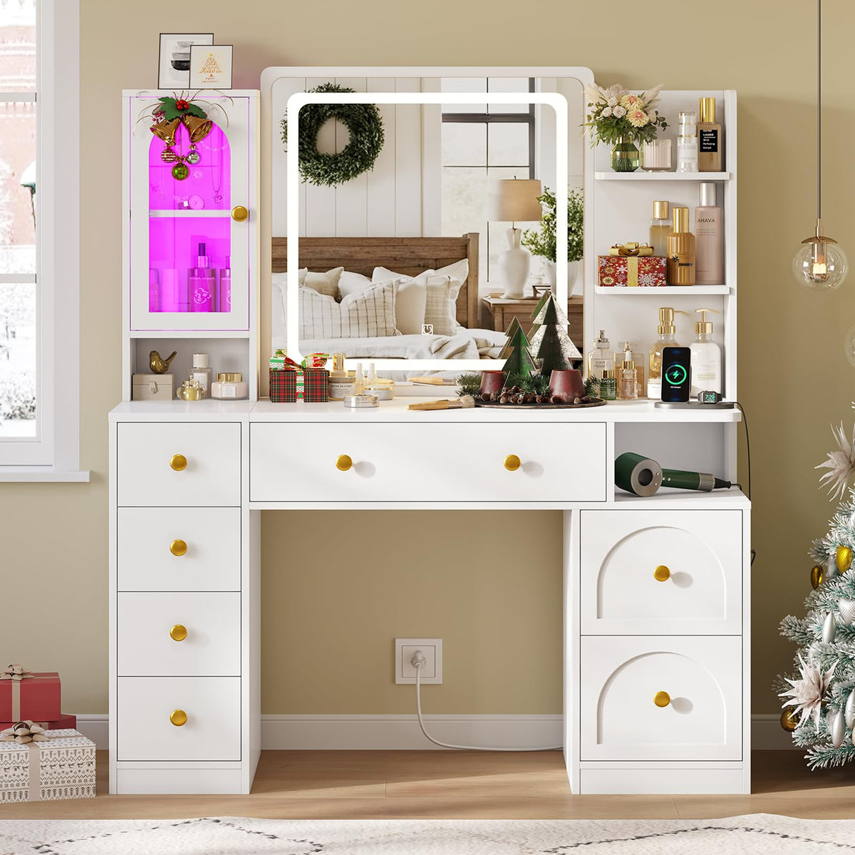 White Vanity Desk with Mirror and LED Lights F840