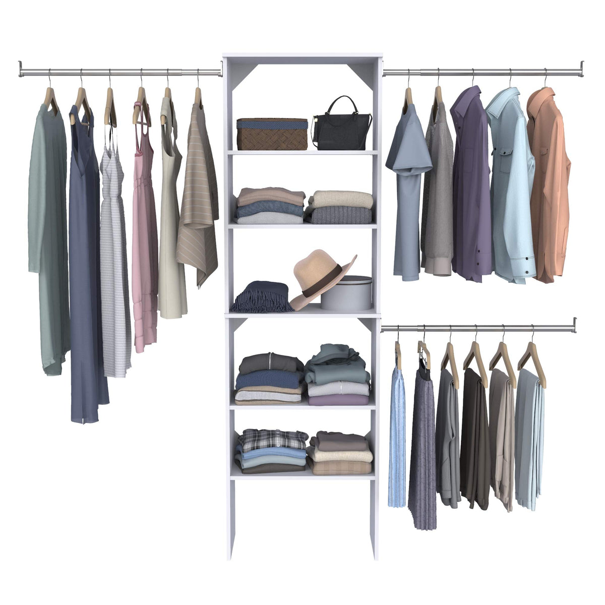 Wood Closet Organizer System with Tower and 3 Hang Rods and Shelving L9096