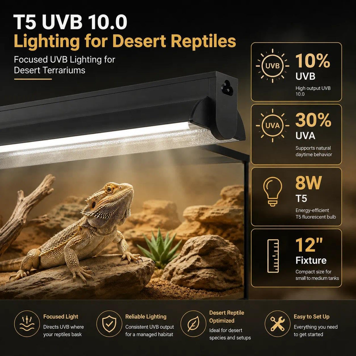 8W 10.0 12 Inch T5 UVB Reptile Light Fixture with Bulb C65838
