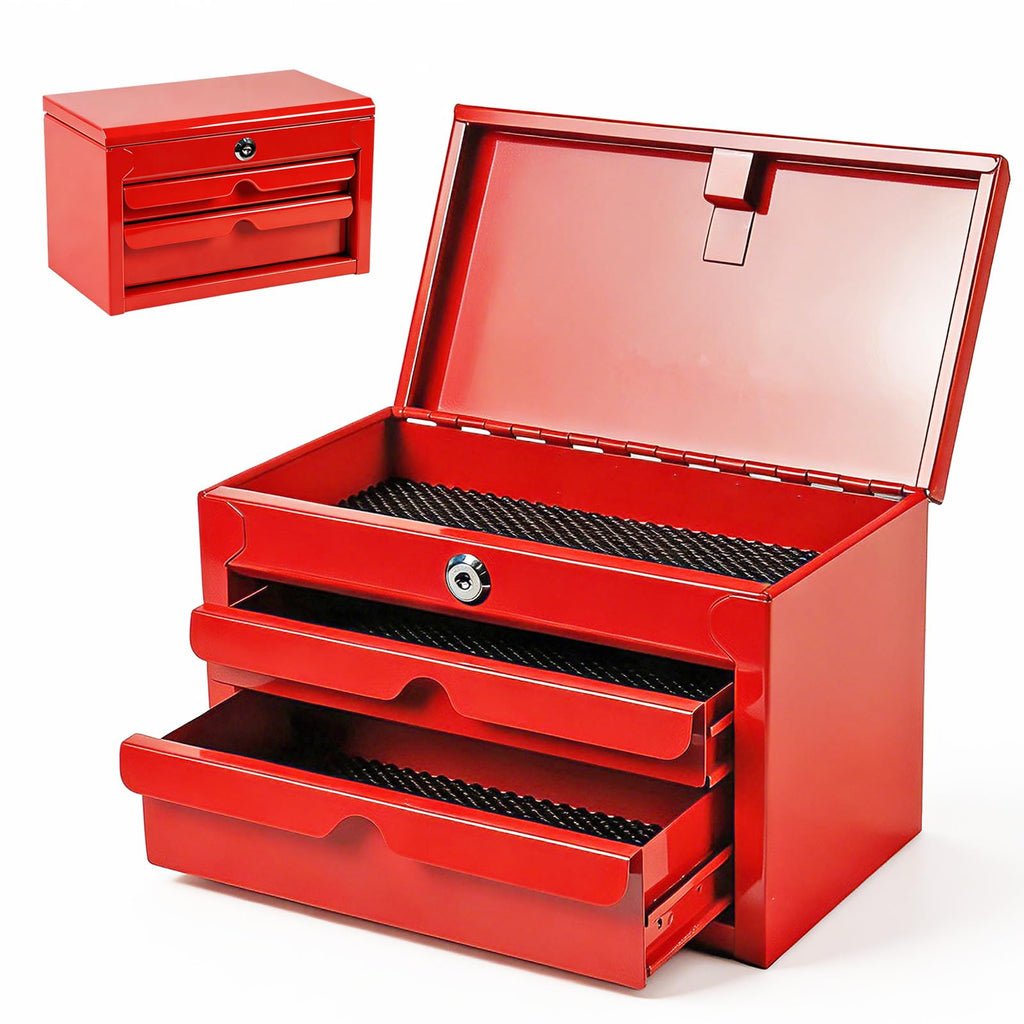 Mini Tool Box with Two Drawers and Lockable Top Storage, Red B806