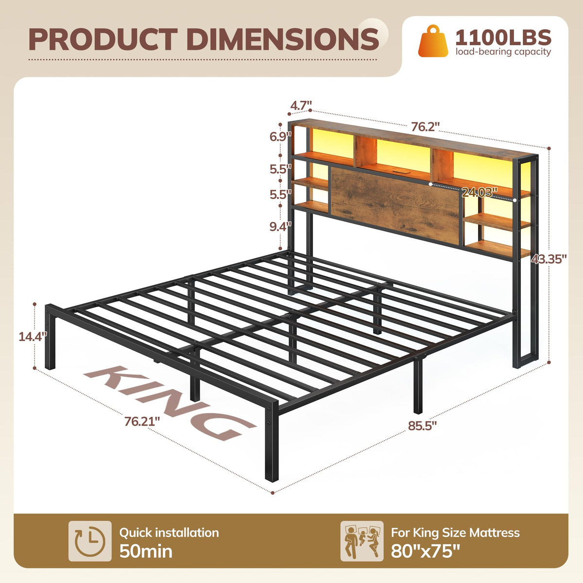 King Bed Frame with Storage Headboard and Charging Station F93628