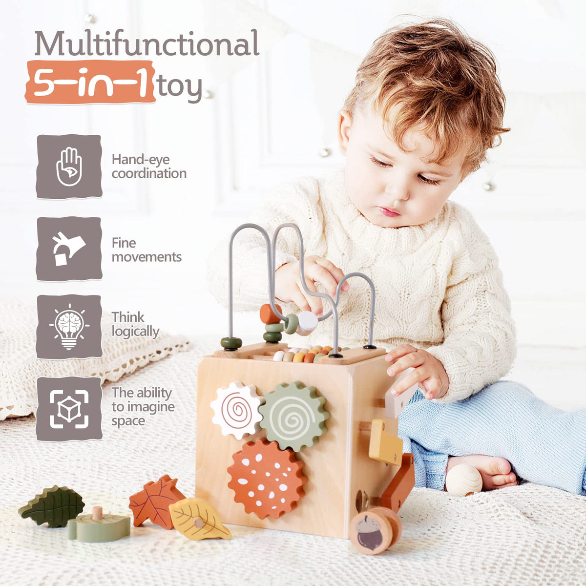 5 in 1 Wooden Activity Cube Bead Maze Shape Sorter K131224