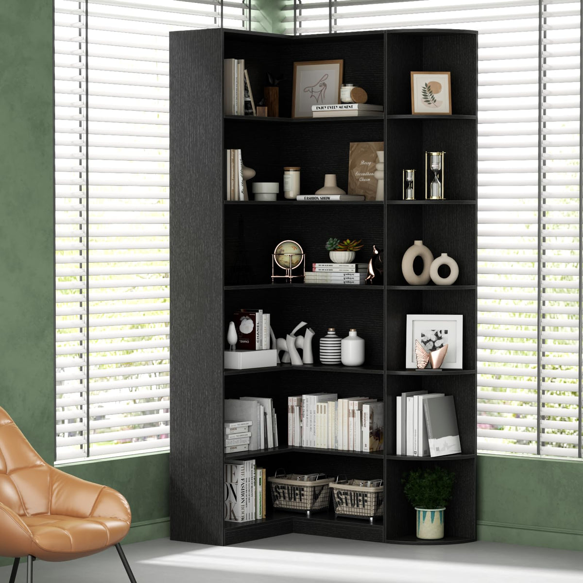 Black 6 Tiers L-Shaped Book Shelf A681180