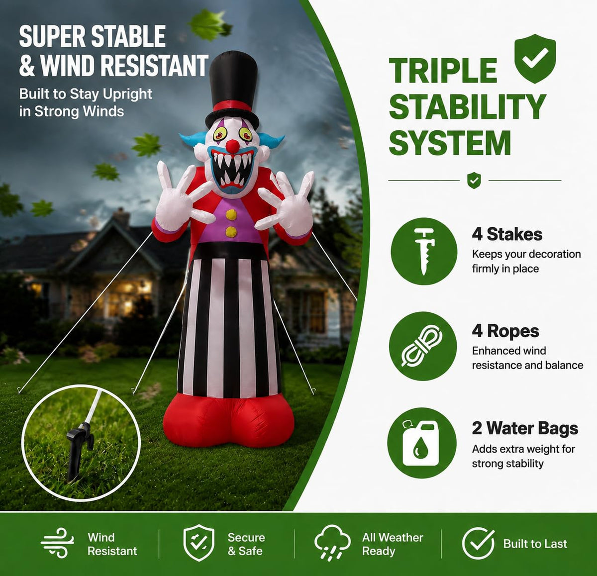11FT Giant Halloween Inflatables Clown Ghost with LED Lights I7155