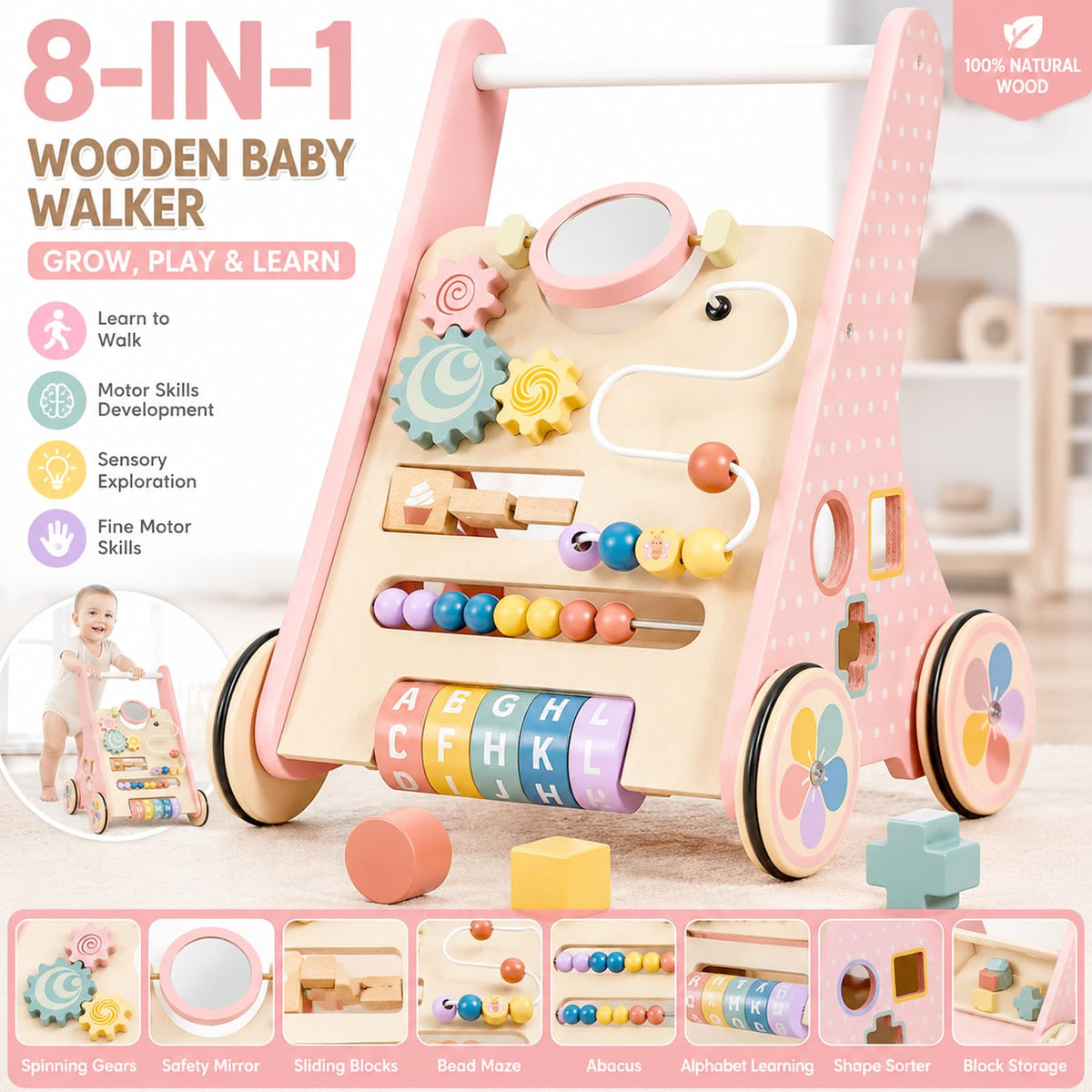 Pink Wooden Baby Walker H3009