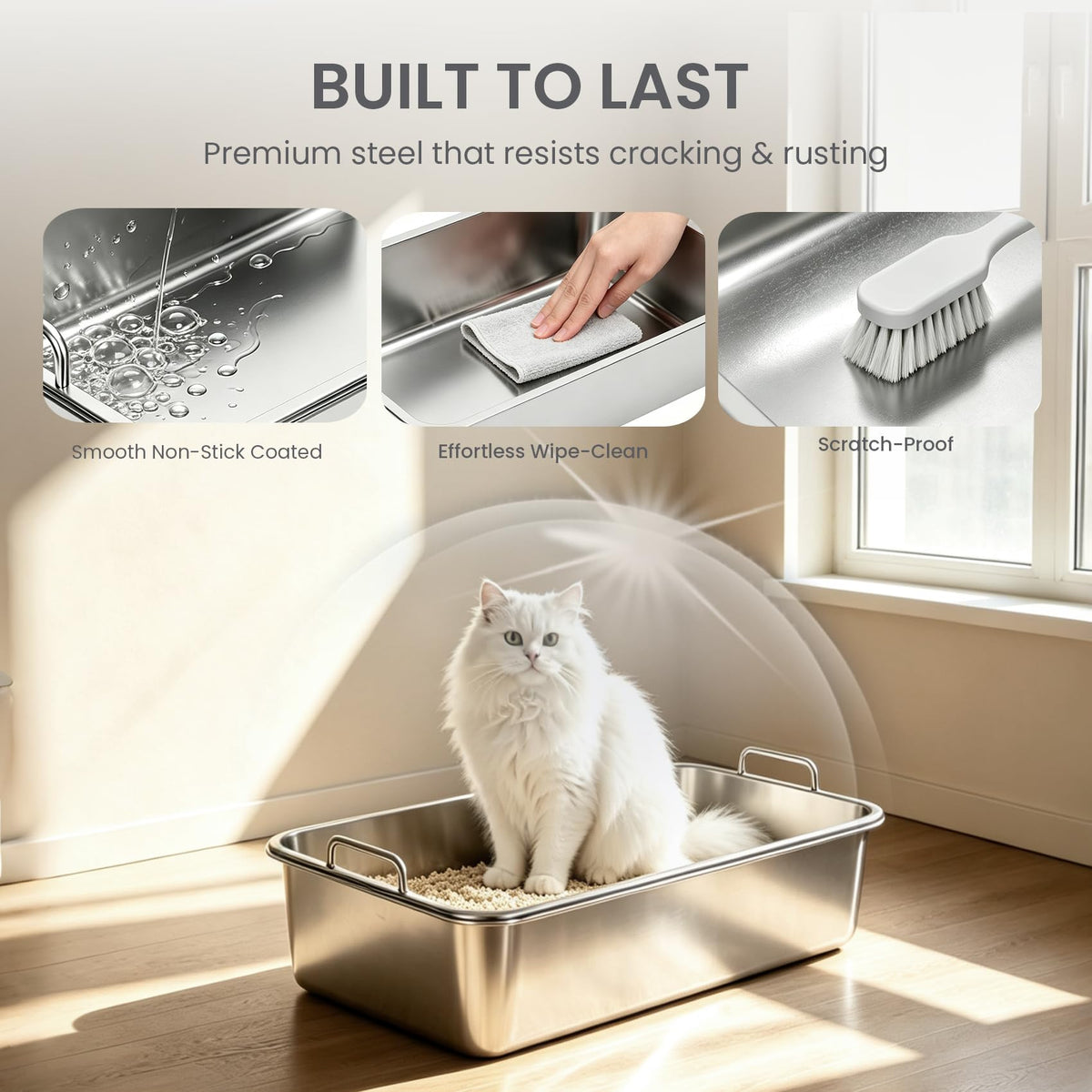Extra Large Stainless Steel Sifting Cat Litter Box with Dual Handles Y897119