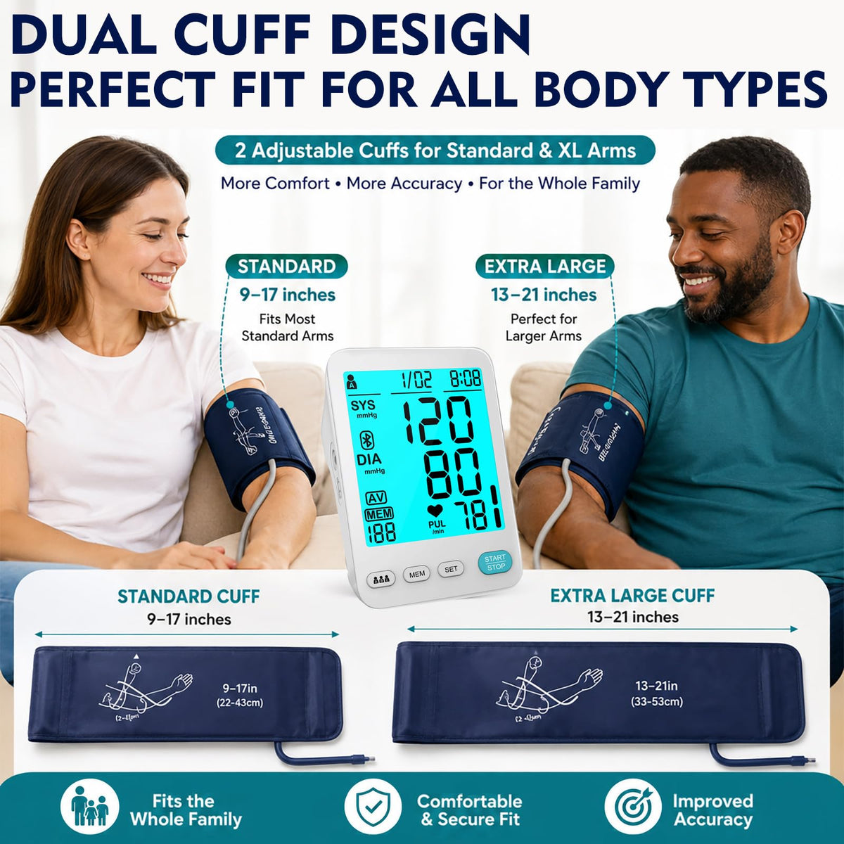 Automatic Upper Arm Blood Pressure Monitor Adjustable Cuffs Large LCD Digital Display V209