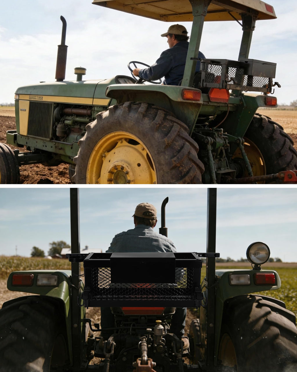 Heavy Duty Tractor Tool Box, 24x10x10 Inch Lockable Basket Attachment with Hooks and Ratchet Strap E6618