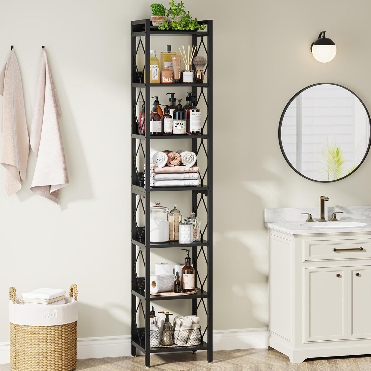 78.7 Inch Tall Skinny Narrow Black Bookshelf Bookcase R10002