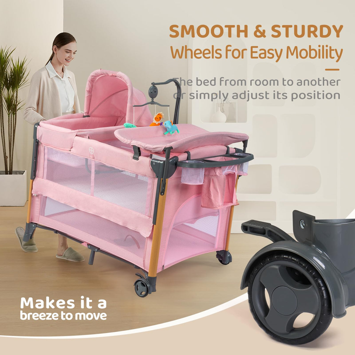 7 in 1 Pink Bedside Bassinet with Changing Table S78728