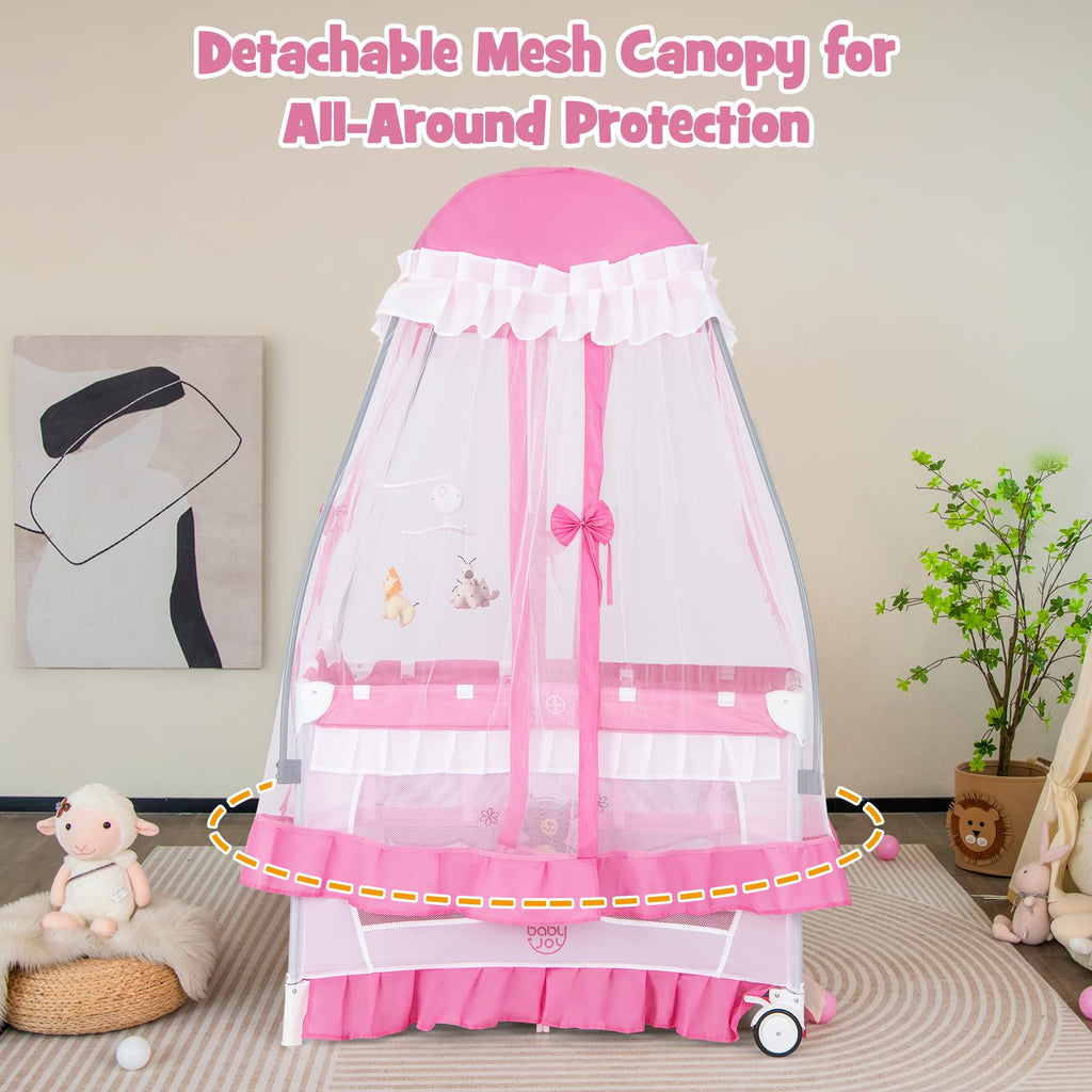 4 in 1 Pack and Play with Canopy, Portable Playard with Bassinet M92222