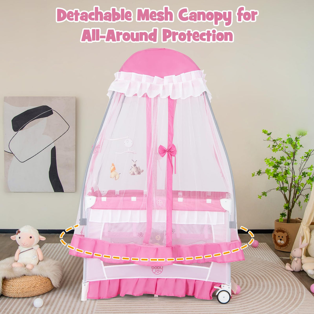 4 in 1 Pack and Play with Canopy, Portable Playard with Bassinet M92222