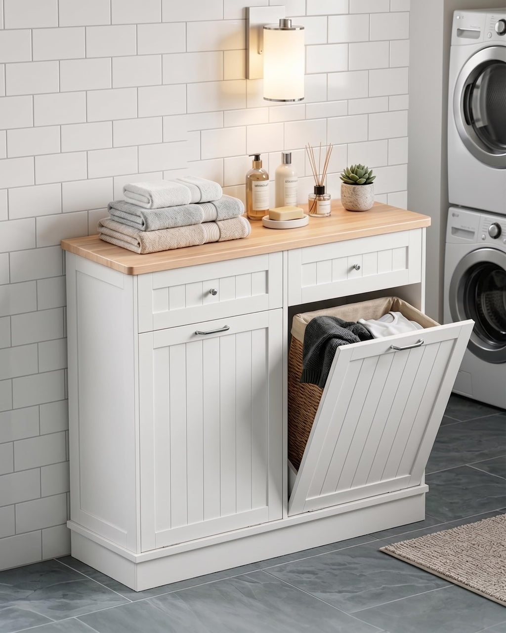 2 x 10 Gallon White Tilt Out Trash Cabinet with 2 Storage Drawer N22572
