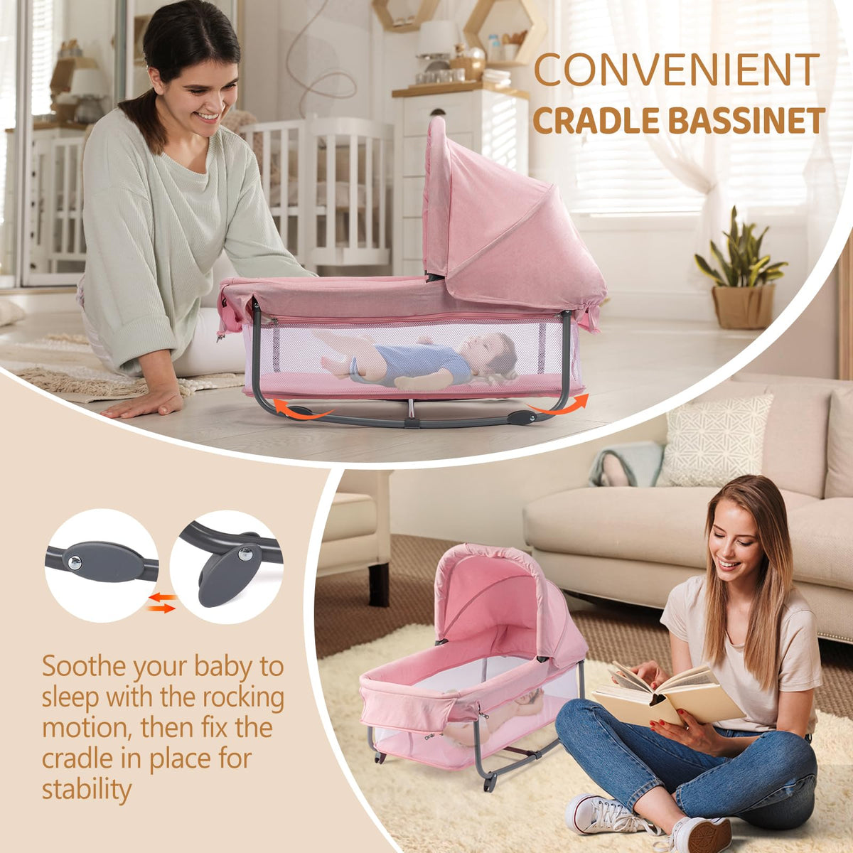 7 in 1 Pink Bedside Bassinet with Changing Table S78728