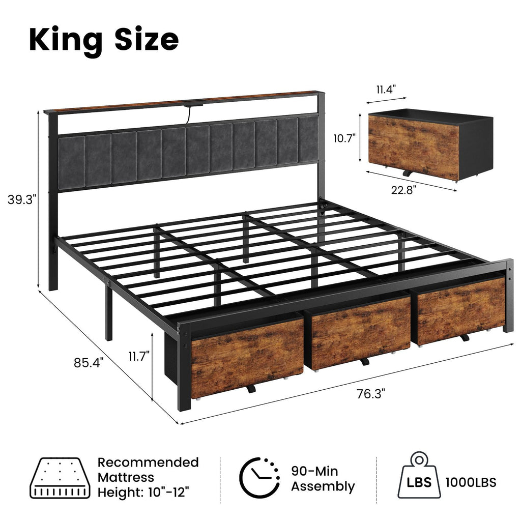 King Size Bed Frame with Storage Headboard and 3 Drawers M922