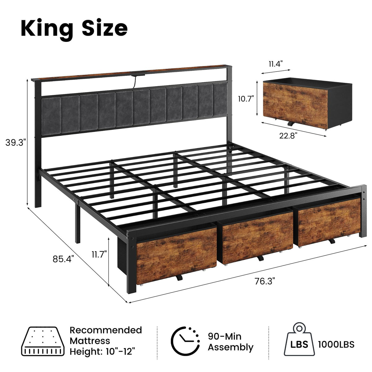 King Size Bed Frame with Storage Headboard and 3 Drawers M922