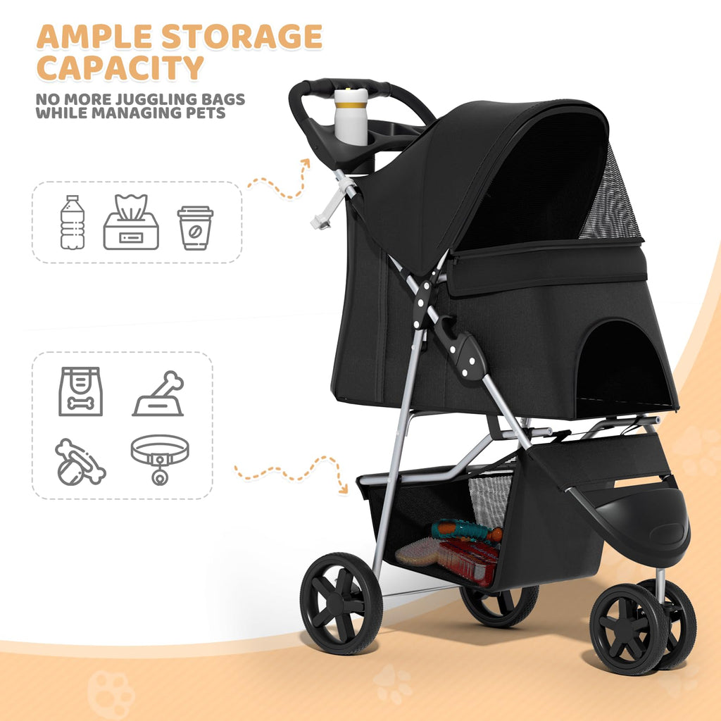 3-Wheel Pet Stroller for Small/Medium Dog Cat, Up to 33lbs, Black G3580