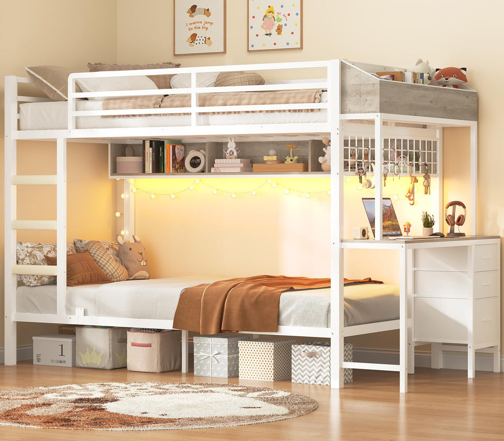 White Twin Over Twin Metal Bunk Bed with Desk and 3 Storage Drawers I130