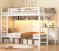 White Twin Over Twin Metal Bunk Bed with Desk and 3 Storage Drawers I130