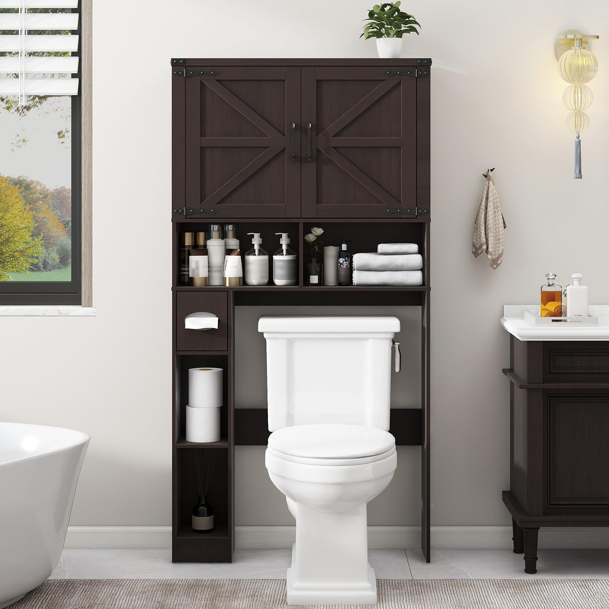 Over The Toilet Storage Cabinet with 2 Barn Doors, Walnut M29690