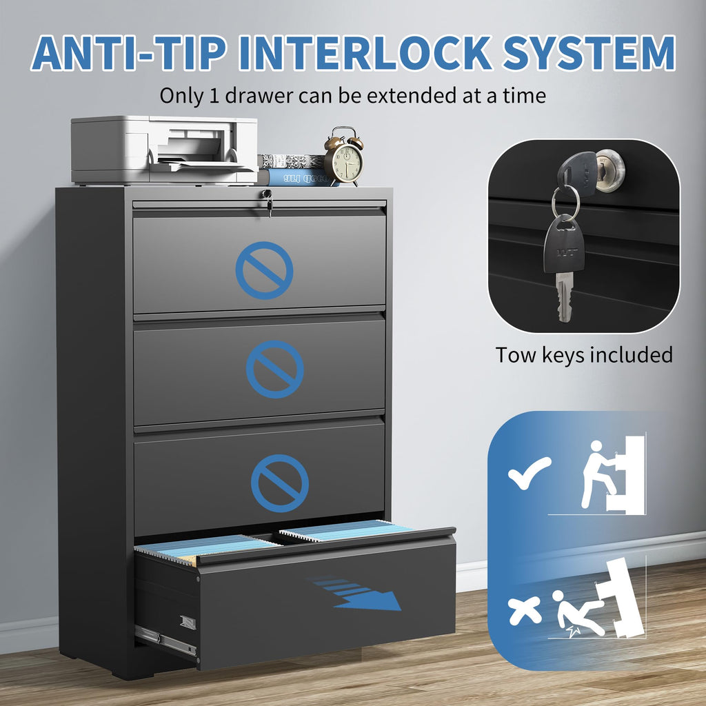 Black 4 Drawer Metal Lateral File Cabinet with Lock Y930956