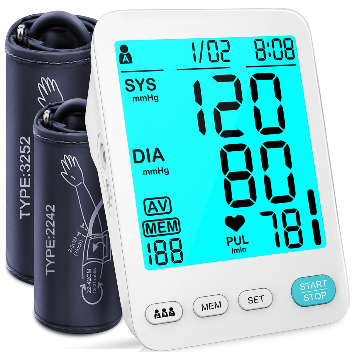 Automatic Upper Arm Blood Pressure Monitor Adjustable Cuffs Large LCD Digital Display V209