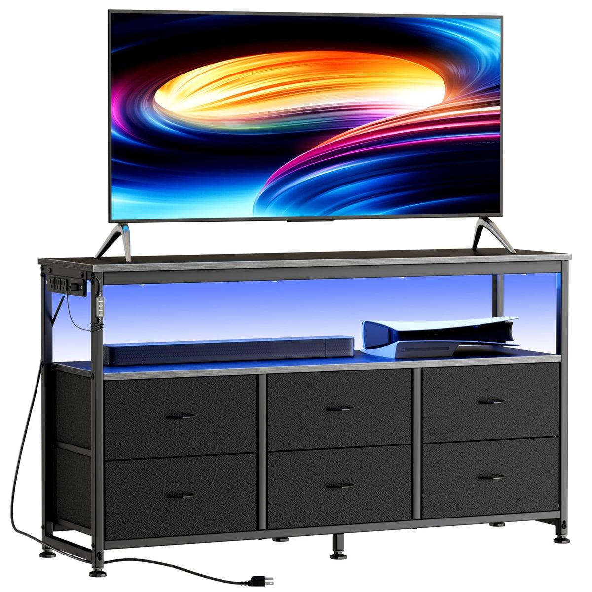 Black Dresser TV Stand with 6 Fabric Drawers Y592689