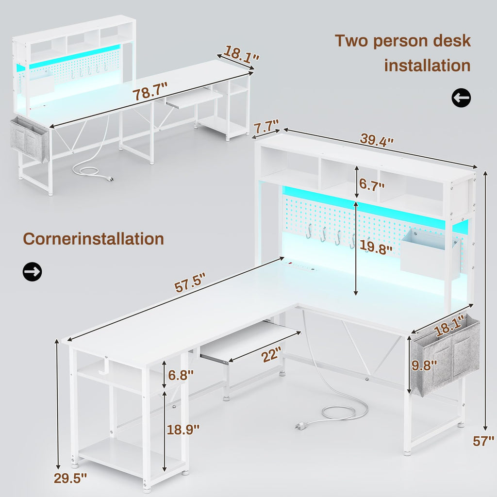 White L Shaped Office Desk with Power Outlet and Storage Shelves S22573