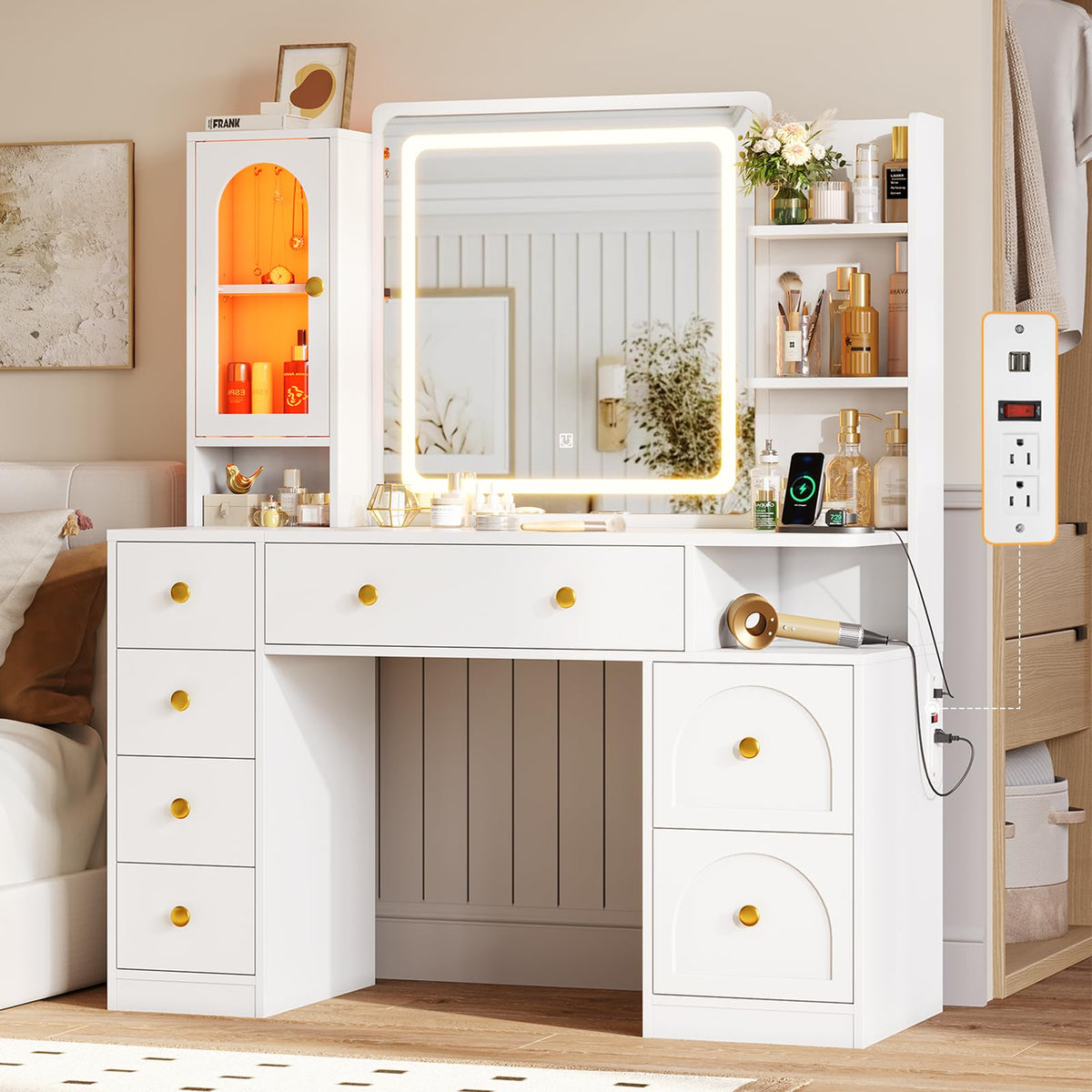 White Vanity Desk with Mirror and LED Lights F840