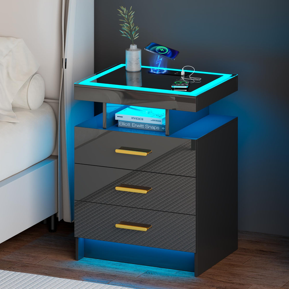 Black 3 Drawer LED Nightstand with Charging Station Z928492