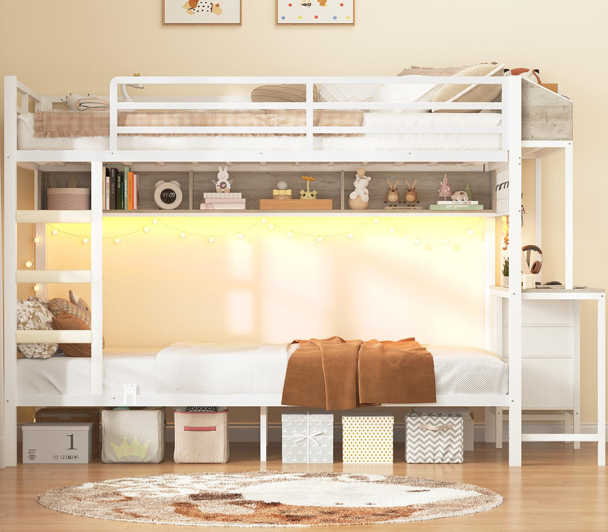 White Twin Over Twin Metal Bunk Bed with Desk and 3 Storage Drawers I130