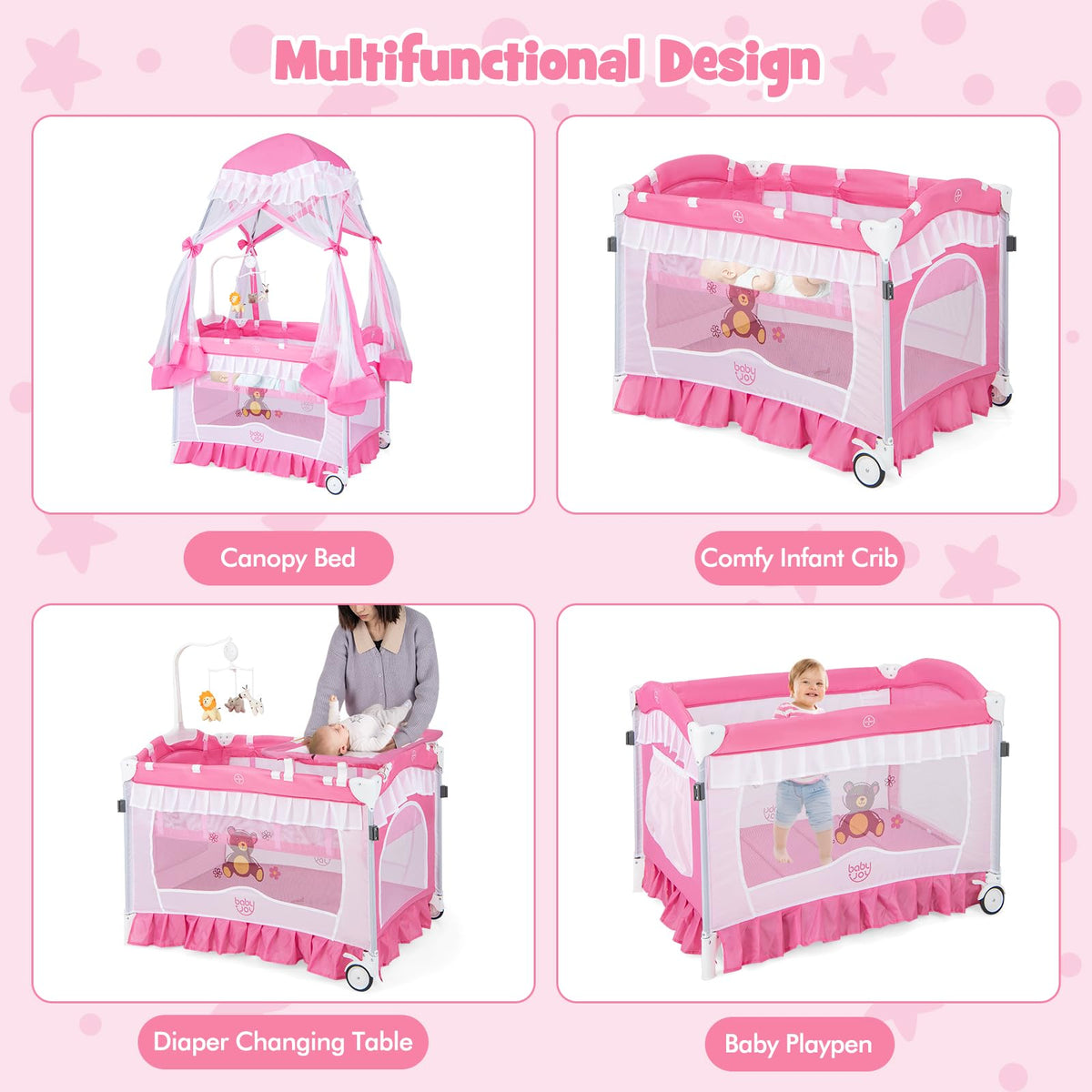 4 in 1 Pack and Play with Canopy, Portable Playard with Bassinet M92222