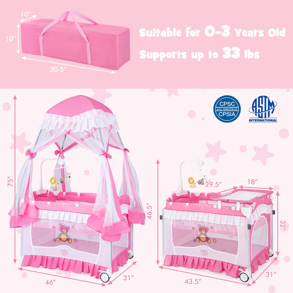 4 in 1 Pack and Play with Canopy, Portable Playard with Bassinet M92222